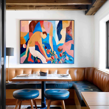 Vibrant Abstract Oil Painting with Colorful Figures and Floral Elements