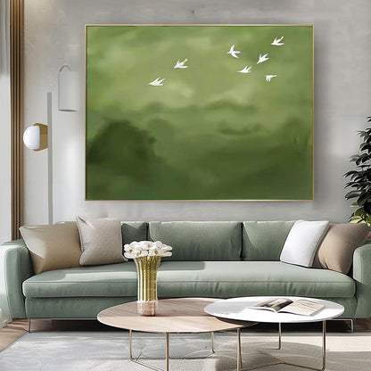 Serene Birds in Flight: Elegant Minimalist Oil Painting for Tranquil Home Decor