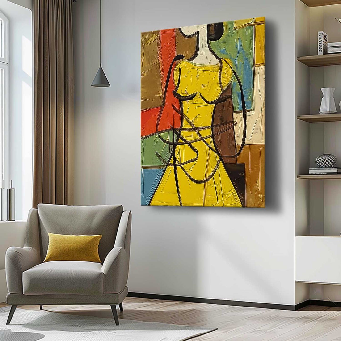 Vibrant Woman in Yellow Dress Abstract Oil Painting for Contemporary Decor