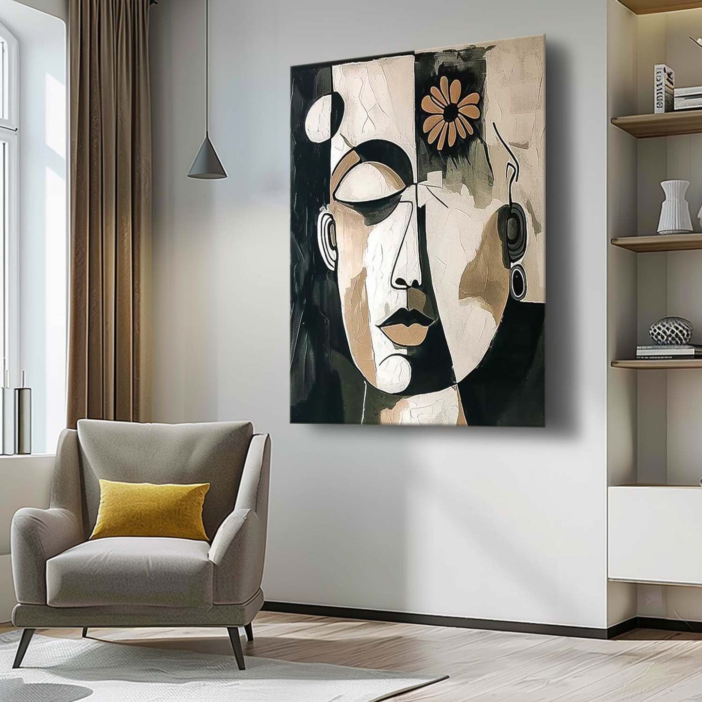 Abstract Faces Oil Painting with Flower Accent for Modern Home Decor