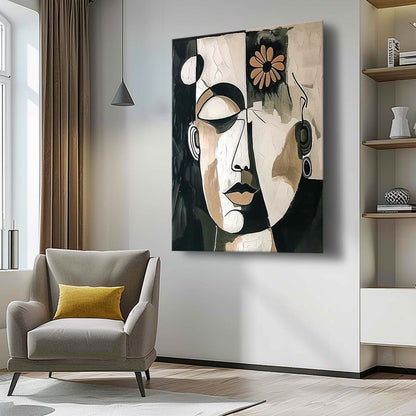 Abstract Faces Oil Painting with Flower Accent for Modern Home Decor