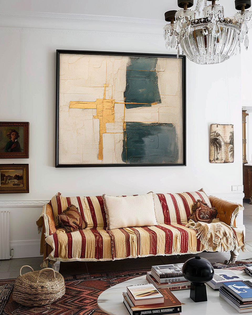 Abstract Minimalist Oil Painting with Gold Accents for Modern Home Decor