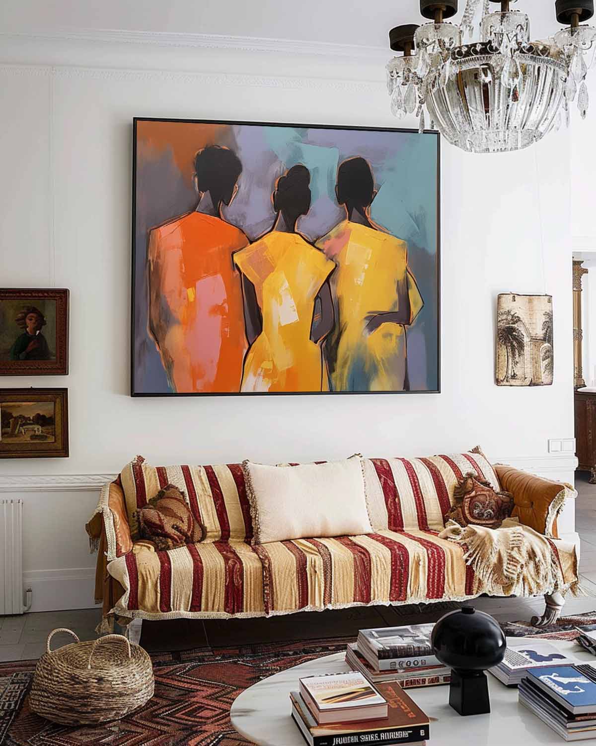 Abstract Oil Painting of Three Figures with Vibrant Colors