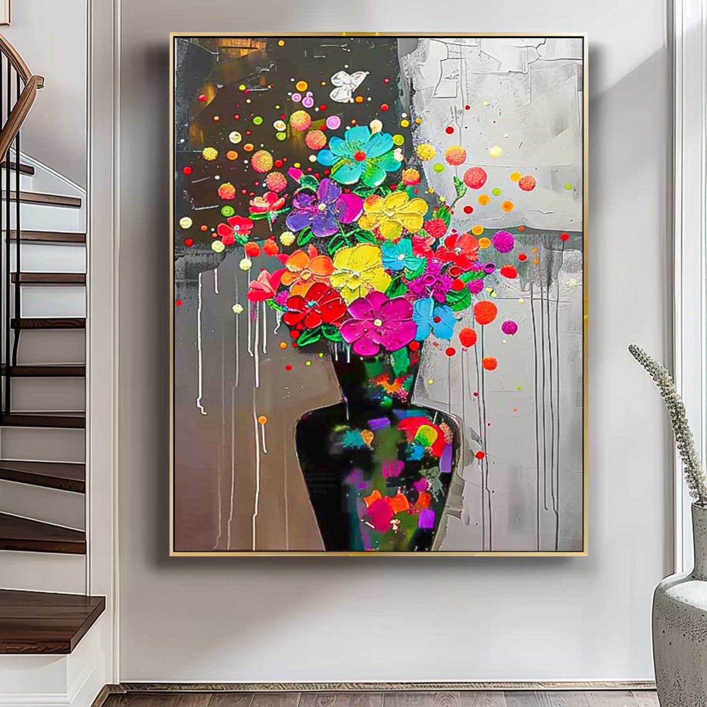 Vibrant Floral Oil Painting on Canvas - Colorful Bouquet Home Decor Art