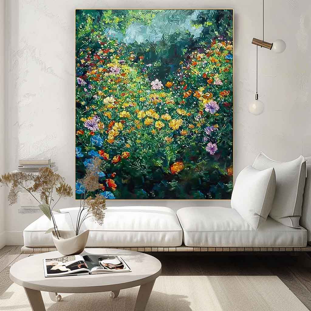 Vibrant Floral Garden Oil Painting for Home Decor and Art Lovers