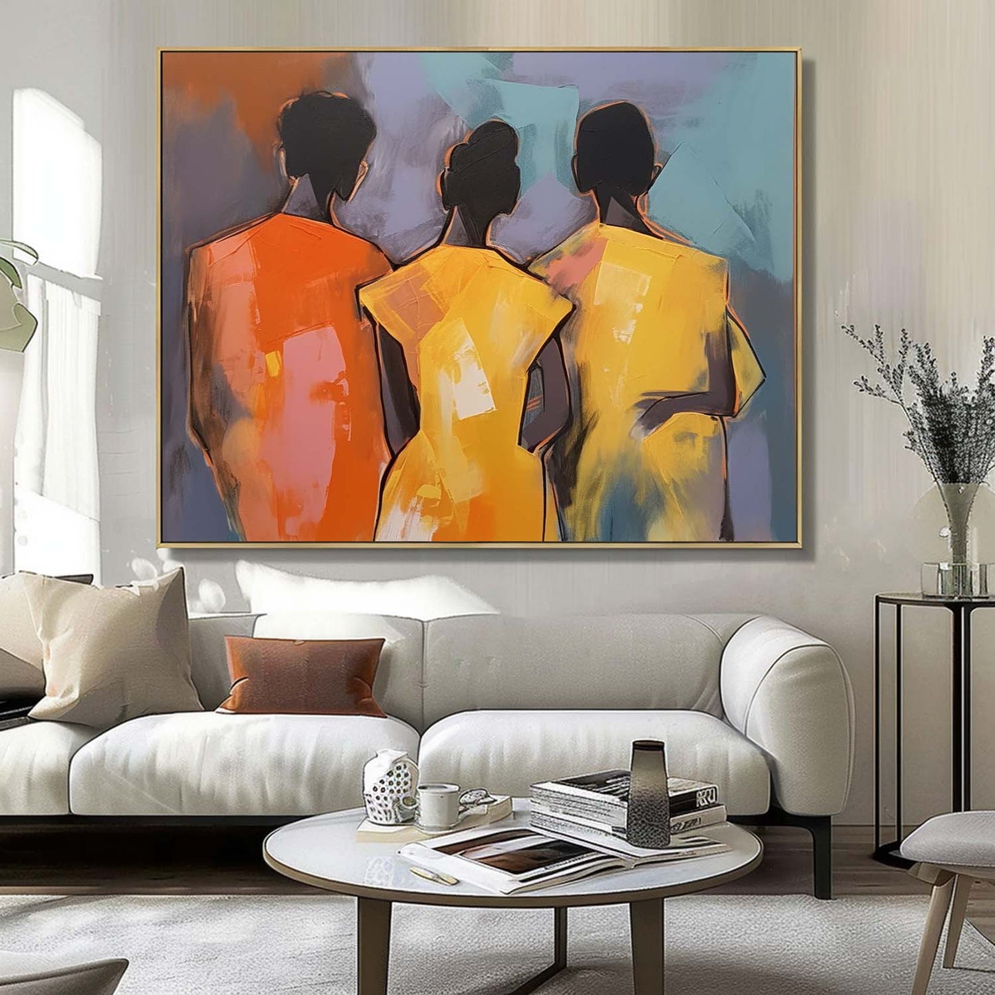 Abstract Oil Painting of Three Figures with Vibrant Colors