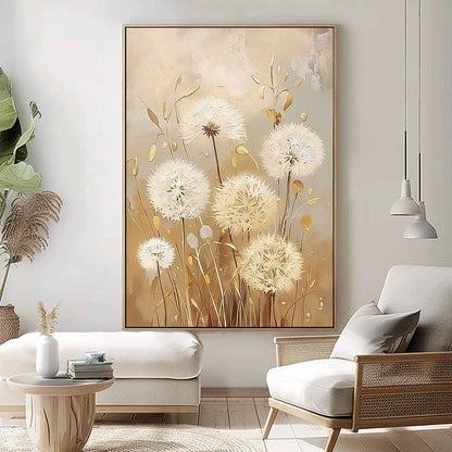 Elegant White Dandelion Flowers Oil Painting for Chic Home Decor
