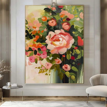 Vibrant Floral Oil Painting with Pink Roses and Lush Greenery for Home Decor