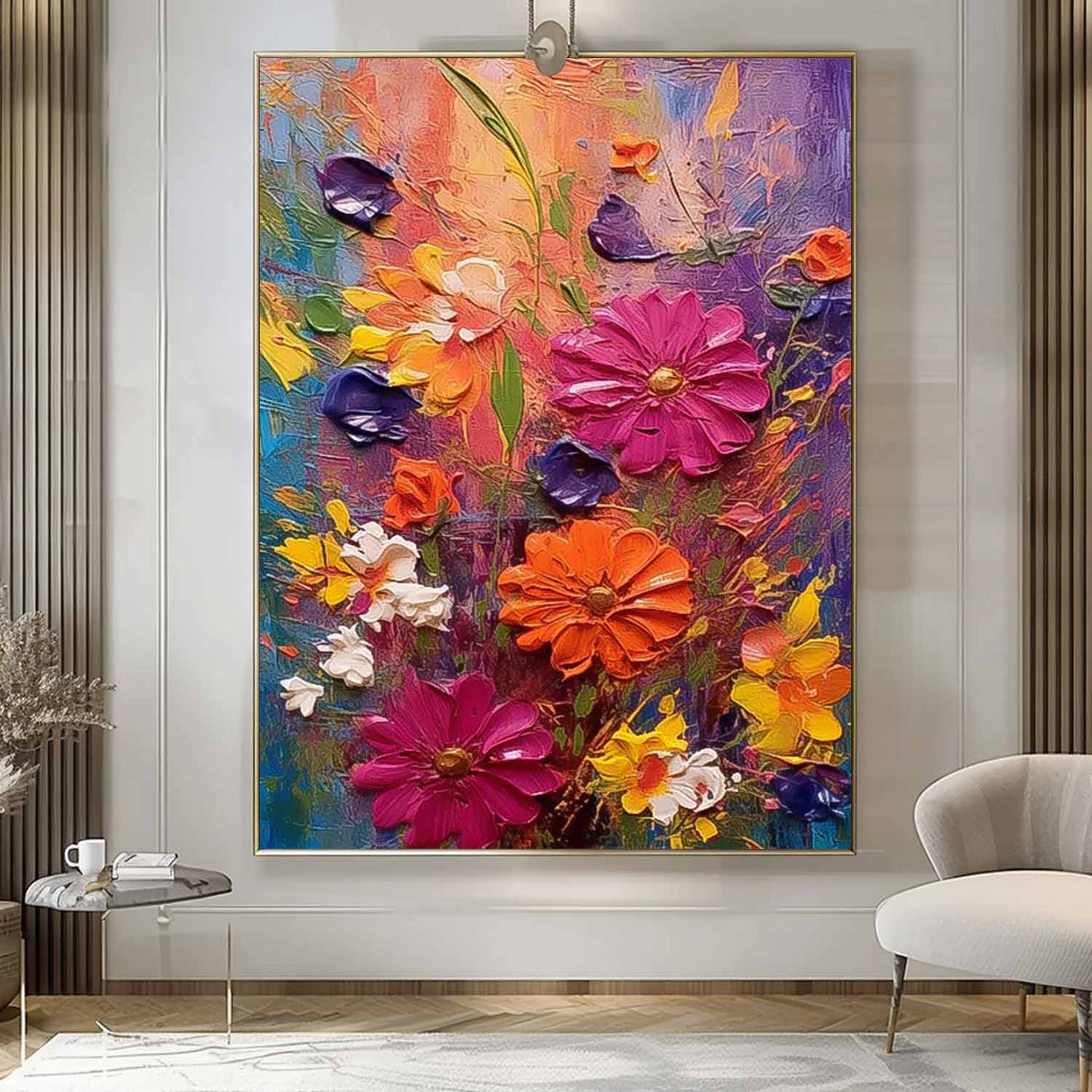 Vibrant Floral Oil Painting on Canvas - Colorful Nature Wall Art Decor