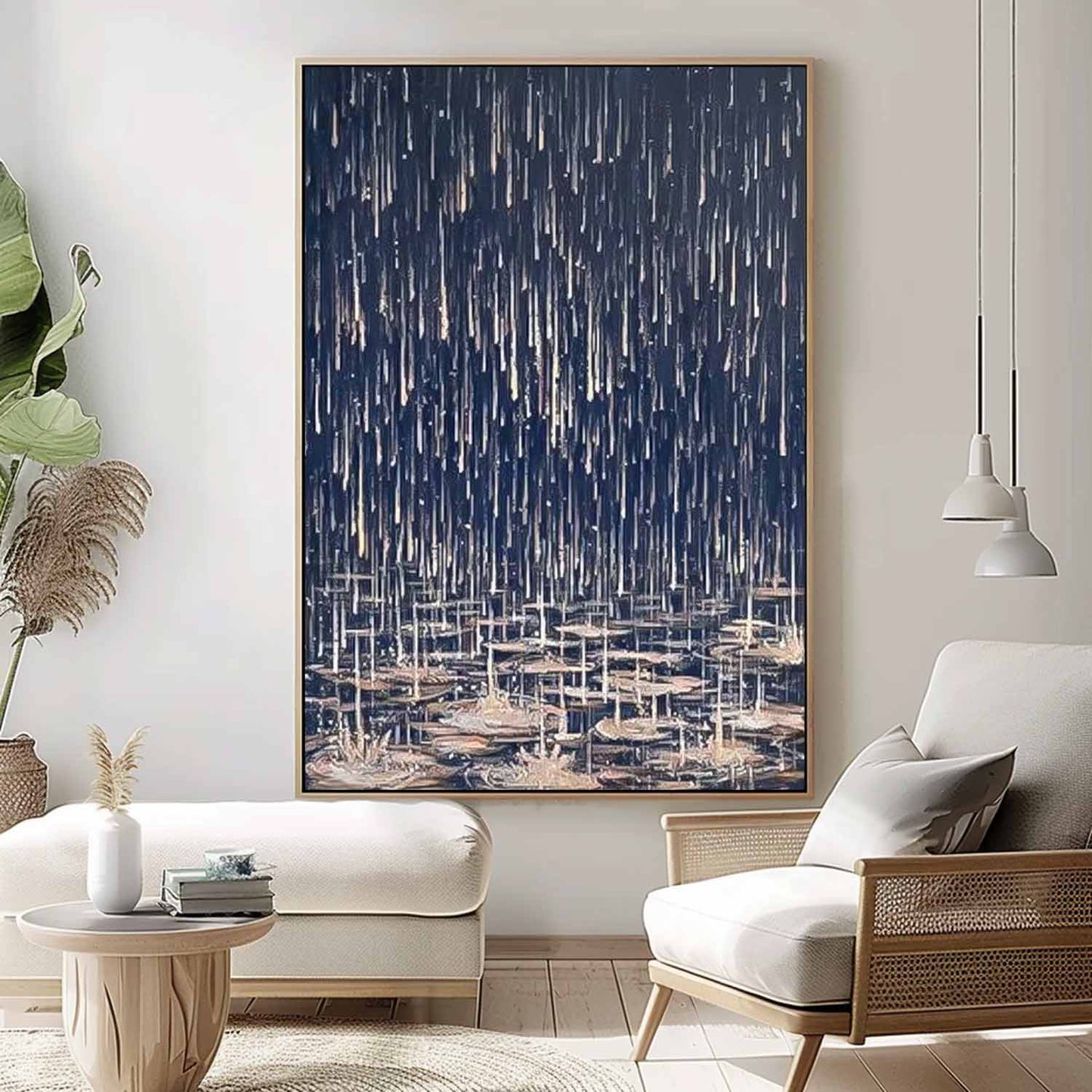 Modern Abstract Oil Painting with Water Lilies and Dark Melancholic Rain