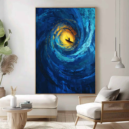 Serene Ocean Swirl: Vibrant Canvas Art of a Kayaker in Tranquil Waters