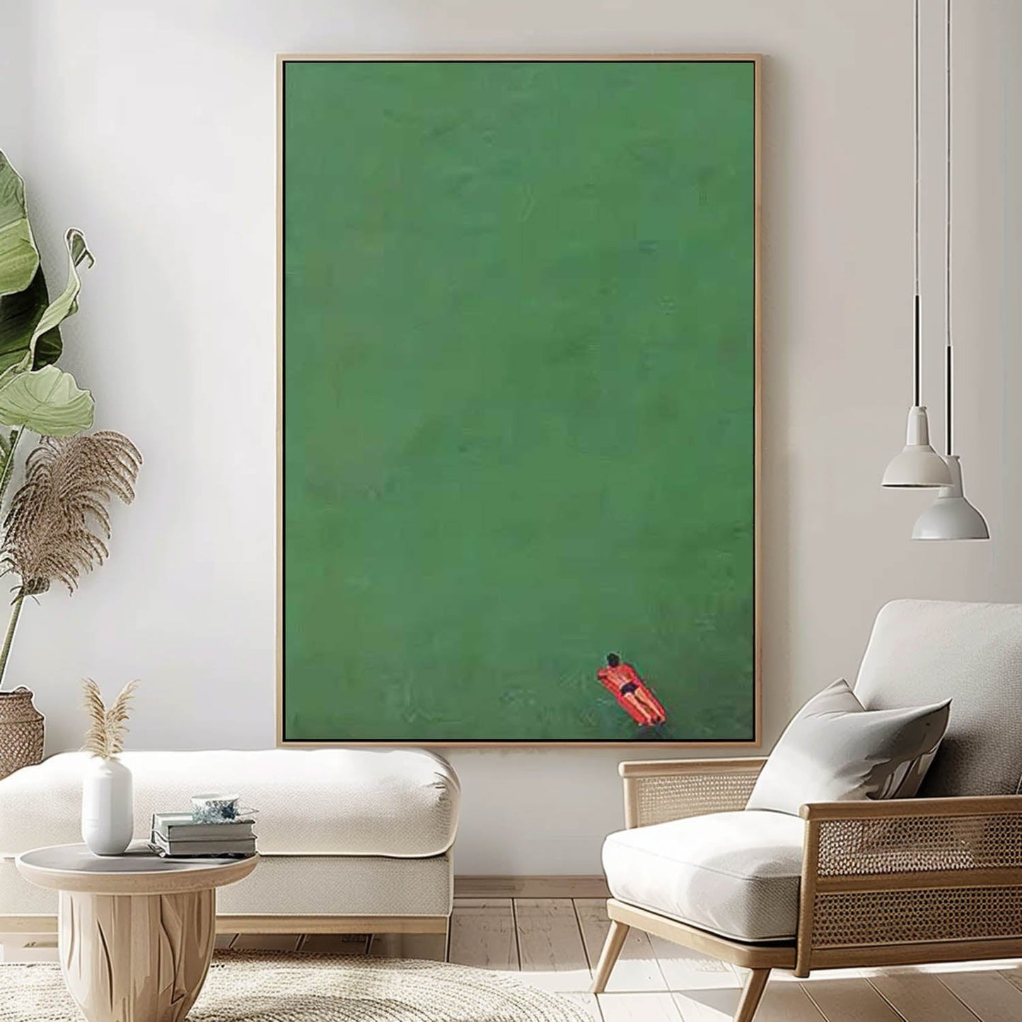 Serene Minimalist Oil Painting of a Figure in Tranquil Green Waters