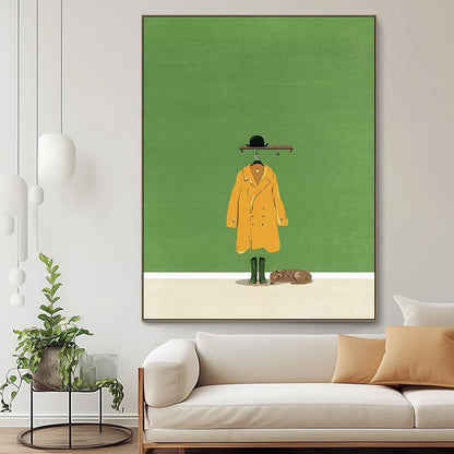 Charming Minimalist Oil Painting of Yellow Coat and Hat on Green Background
