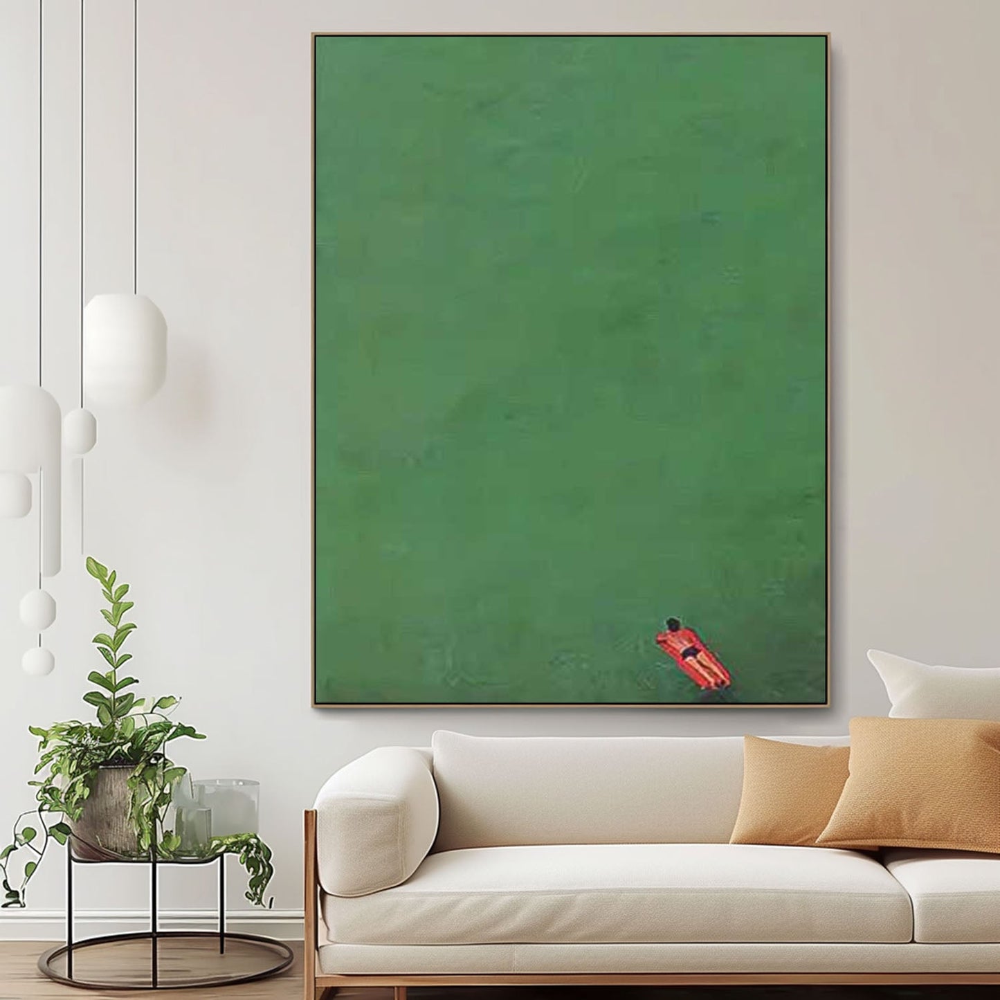 Serene Minimalist Oil Painting of a Figure in Tranquil Green Waters