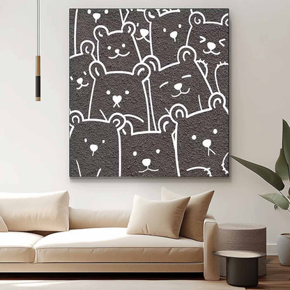 Charming Bear Faces Minimalist Oil Painting for Playful Home Decor