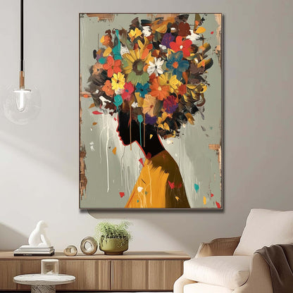 Vibrant Floral Woman Silhouette Oil Painting for Home Decor