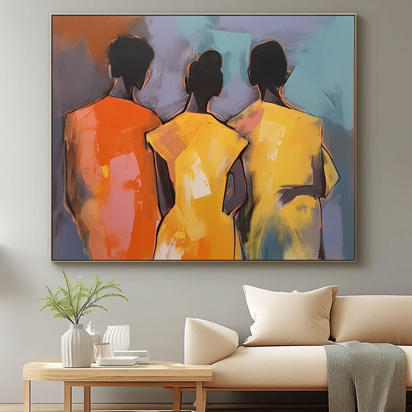 Abstract Oil Painting of Three Figures with Vibrant Colors