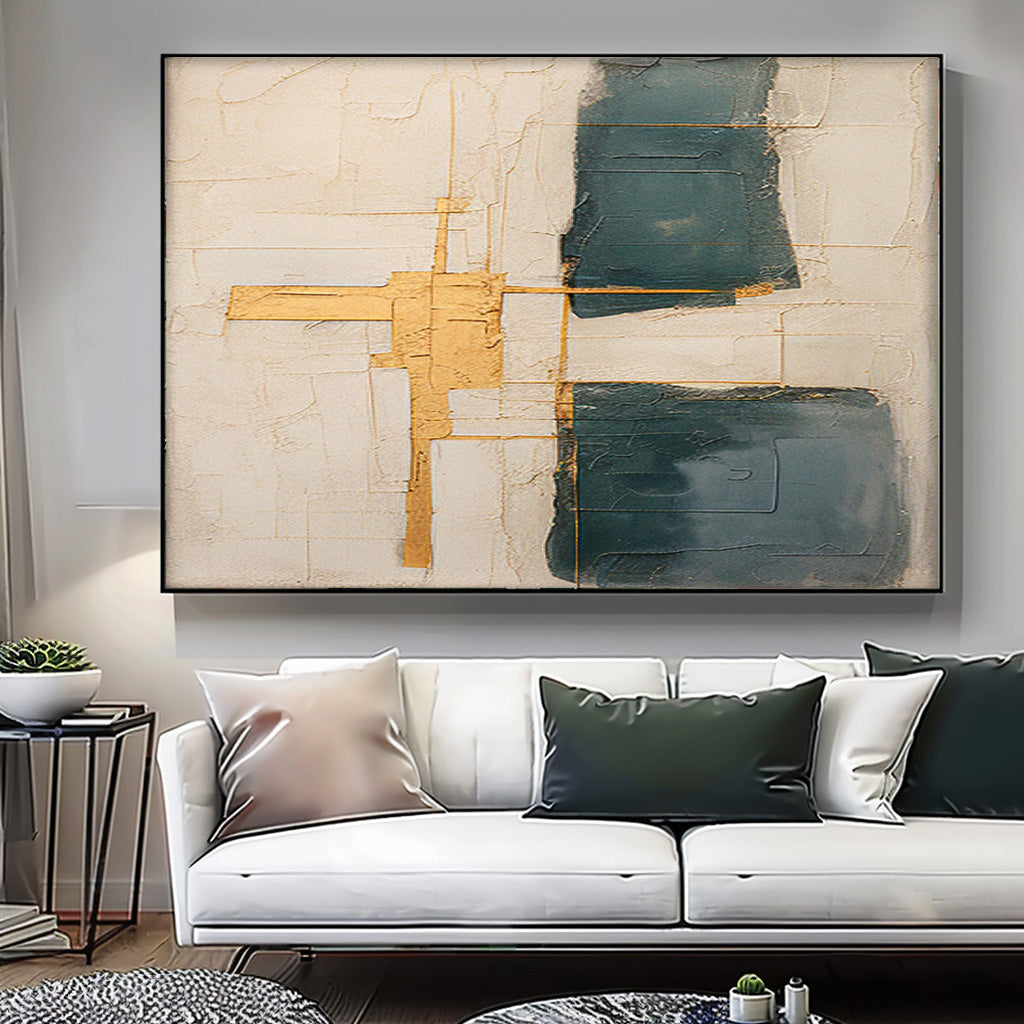 Abstract Minimalist Oil Painting with Gold Accents for Modern Home Decor