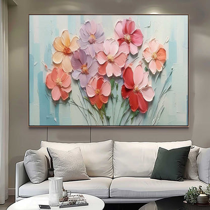Vibrant Floral Oil Painting with Textured Petals and Soft Pastel Background