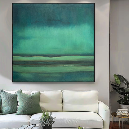 Serene Minimalist Oil Painting with Tranquil Green Tones for Modern Decor
