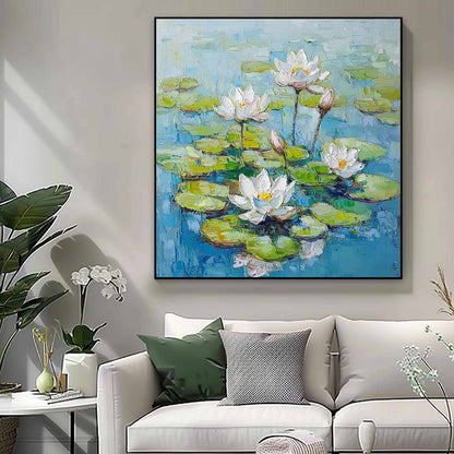 Serene Lotus Flowers Oil Painting on Canvas for Tranquil Home Decor