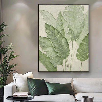 Tropical Green Leaf Oil Painting for Home Decor and Wall Art