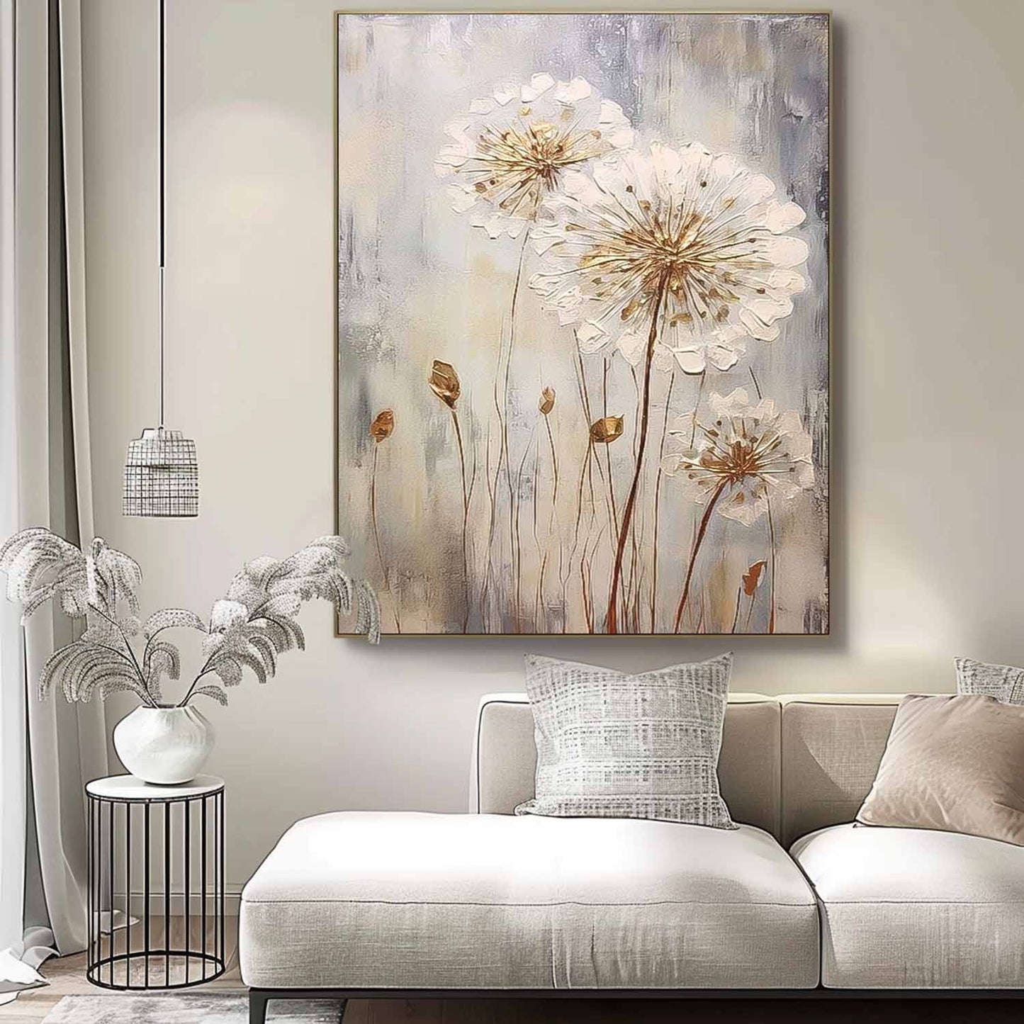 Elegant Floral Oil Painting - White Flowers Against Soft Gray Background for Modern Decor
