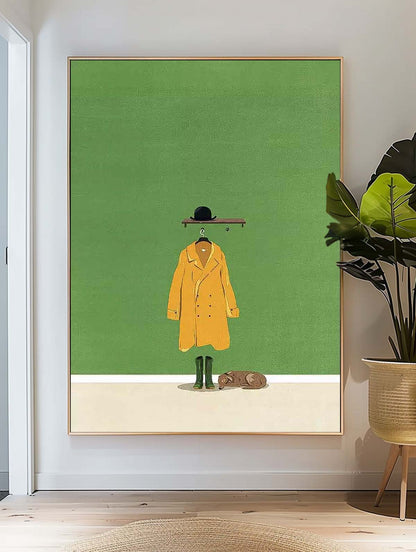 Charming Minimalist Oil Painting of Yellow Coat and Hat on Green Background