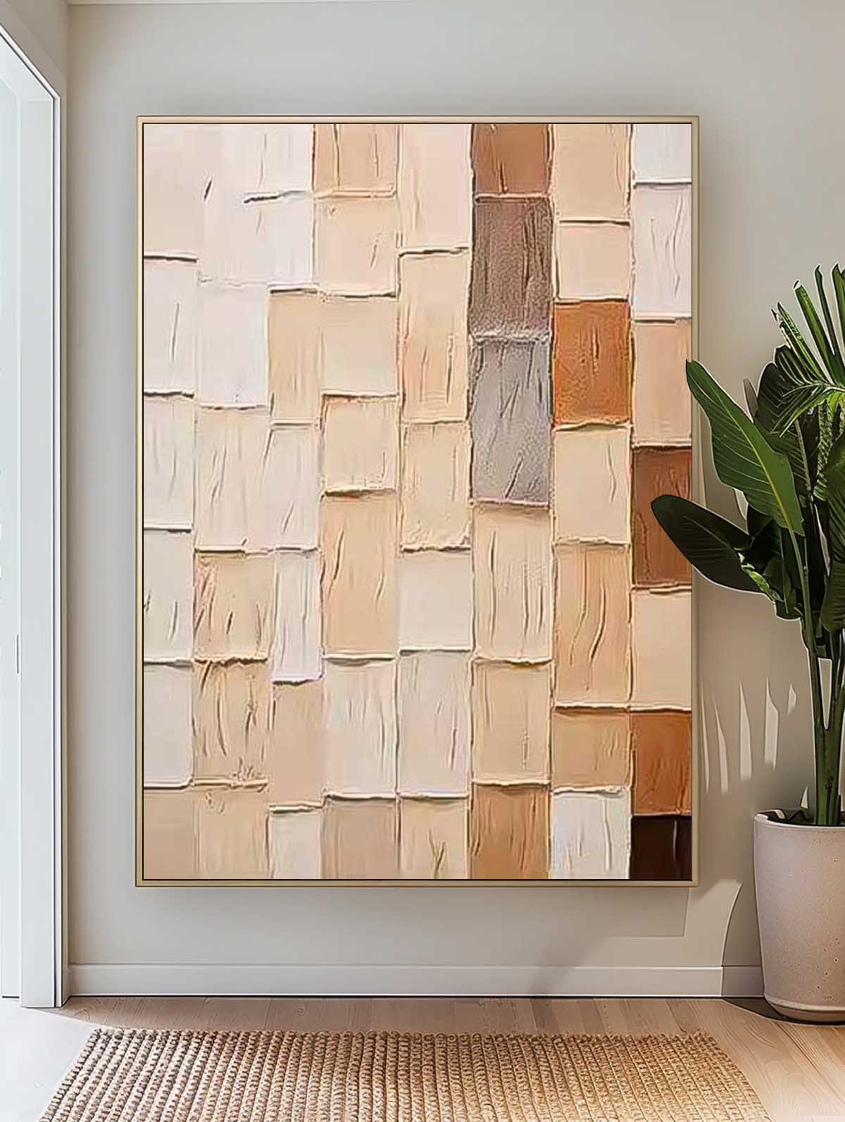 Abstract Geometric Oil Painting in Earthy Tones for Modern Home Decor