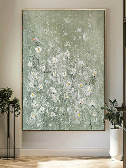 Elegant White Floral Oil Painting on Soft Green Canvas