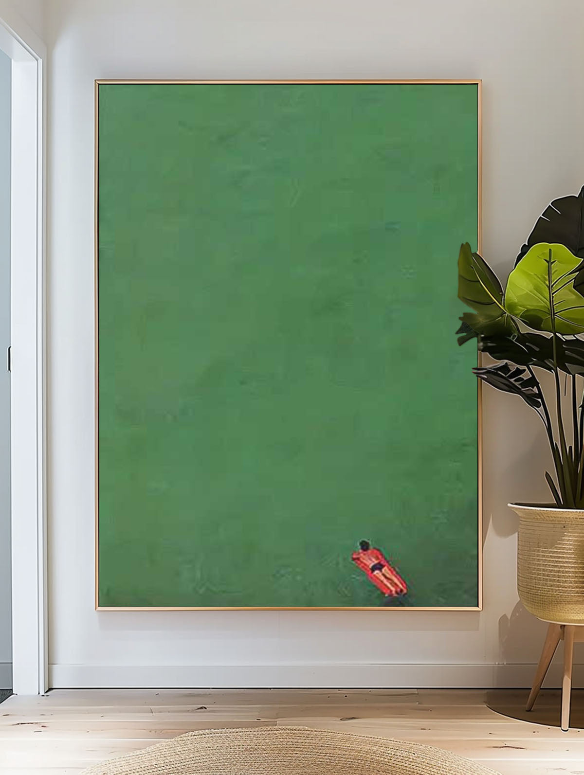 Serene Minimalist Oil Painting of a Figure in Tranquil Green Waters