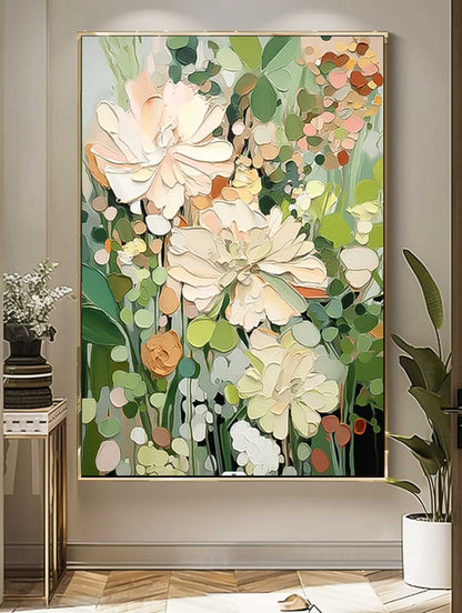 Vibrant Floral Oil Painting with Lush Pastel Blooms and Greenery