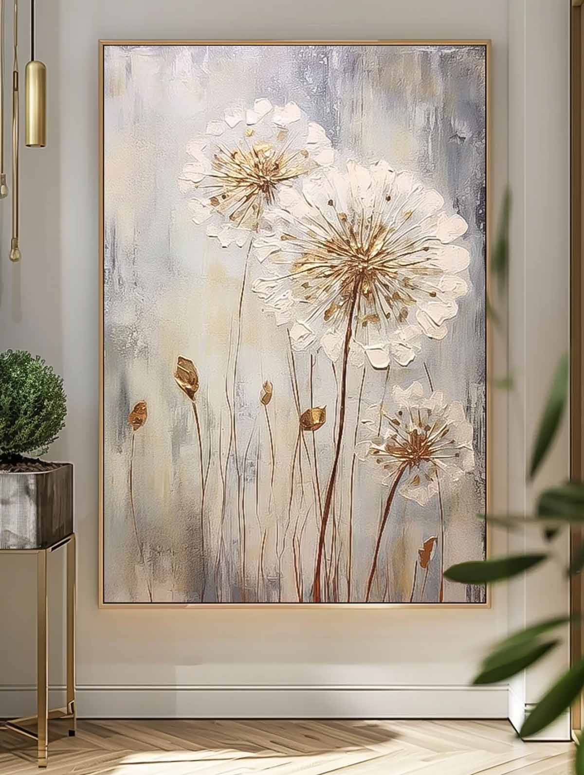Elegant Floral Oil Painting - White Flowers Against Soft Gray Background for Modern Decor