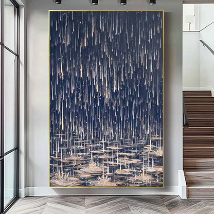 Modern Abstract Oil Painting with Water Lilies and Dark Melancholic Rain