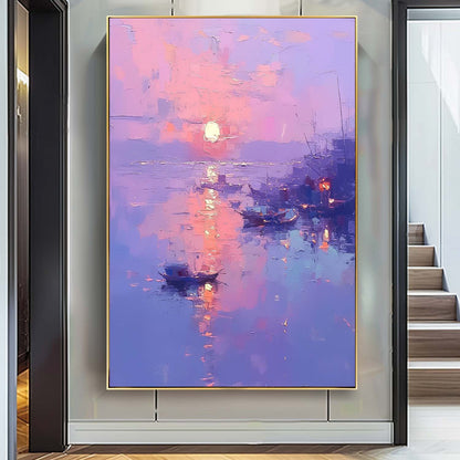 Serene Sunset Over Water: Vibrant Oil Painting of Boats and Reflections