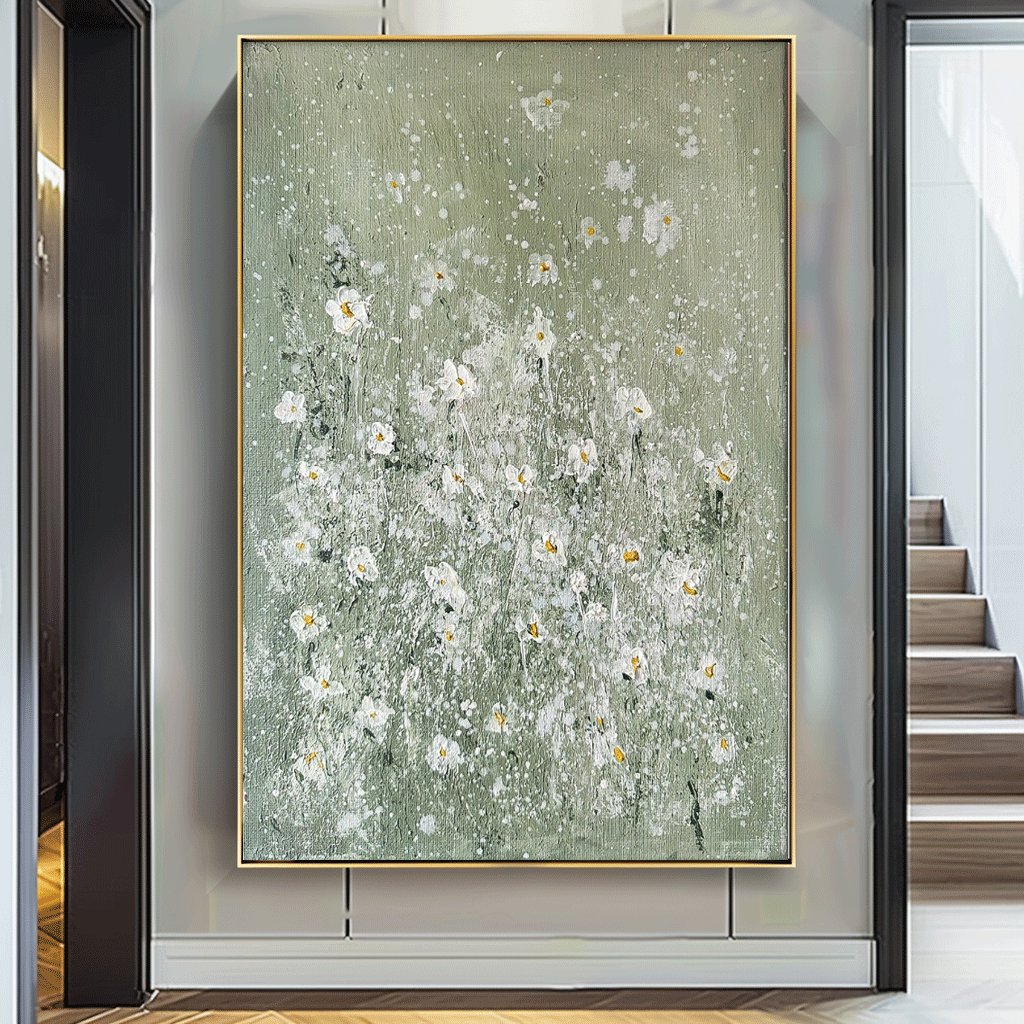 Elegant White Floral Oil Painting on Soft Green Canvas