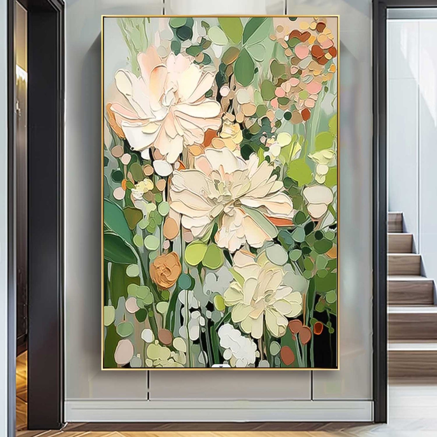 Vibrant Floral Oil Painting with Lush Pastel Blooms and Greenery