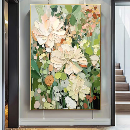 Vibrant Floral Oil Painting with Lush Pastel Blooms and Greenery