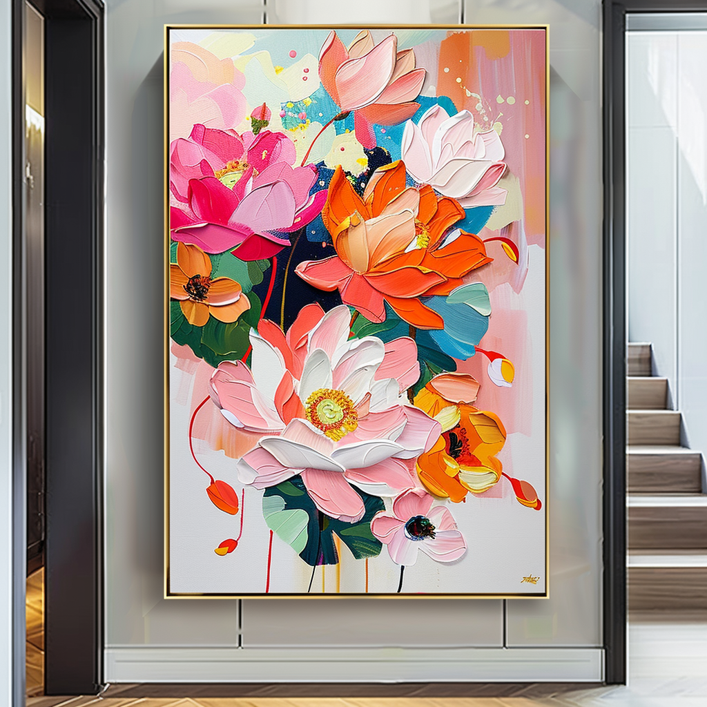Vibrant Floral Oil Painting - Colorful Canvas Art for Home Decor and Wall Aesthetics