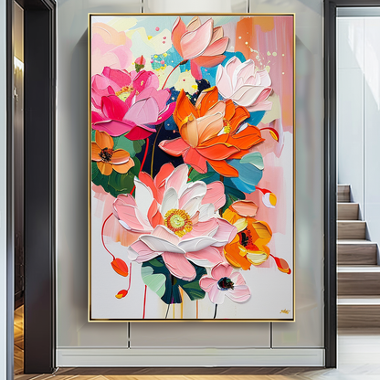 Vibrant Floral Oil Painting - Colorful Canvas Art for Home Decor and Wall Aesthetics