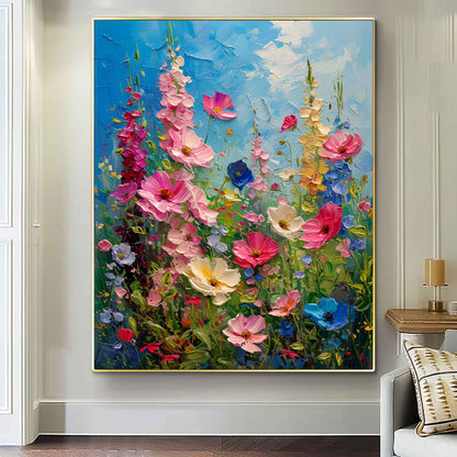 Vibrant Blooming Flower Field Oil Painting on Canvas for Home Decor