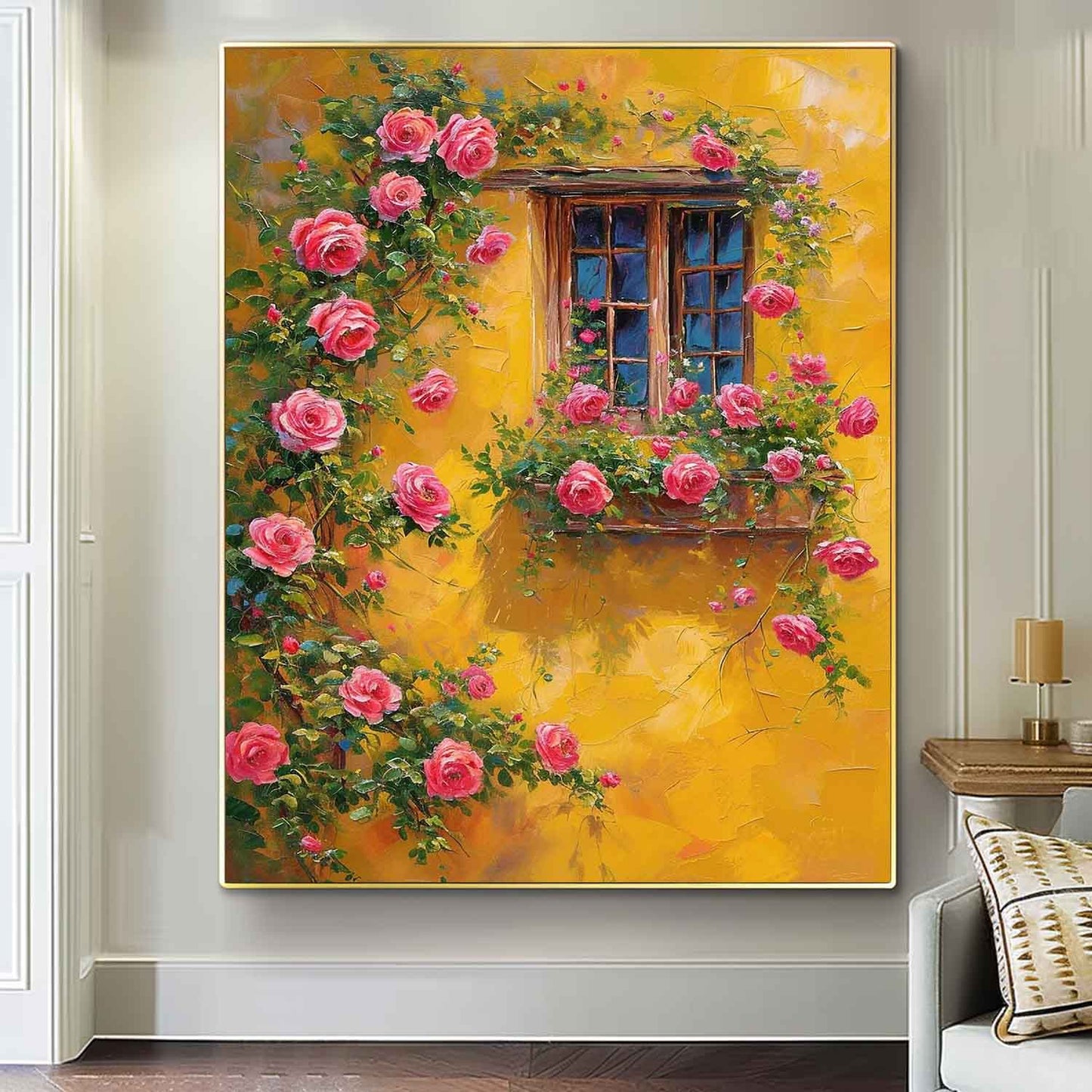 Vibrant Floral Window with Pink Roses and Yellow Wall Oil Painting