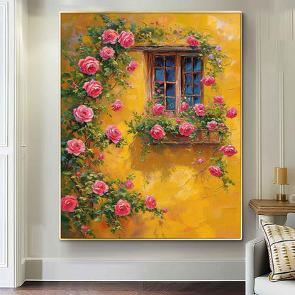 Vibrant Floral Window with Pink Roses and Yellow Wall Oil Painting