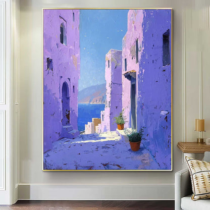 Vibrant Mediterranean Village: Stunning Oil Painting of Coastal Architecture