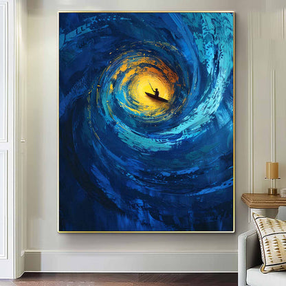 Serene Ocean Swirl: Vibrant Canvas Art of a Kayaker in Tranquil Waters