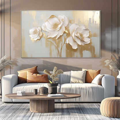 Elegant White Floral Oil Painting on Canvas with Gold Accents for Home Decor