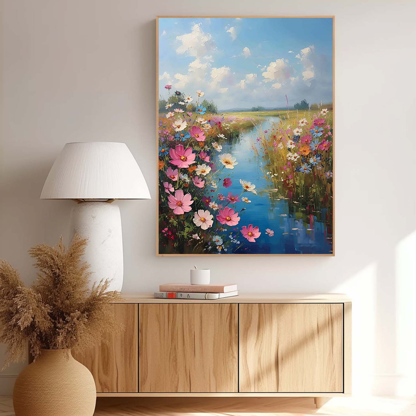 Vibrant Floral Landscape Oil Painting with Serene River and Blue Sky Art