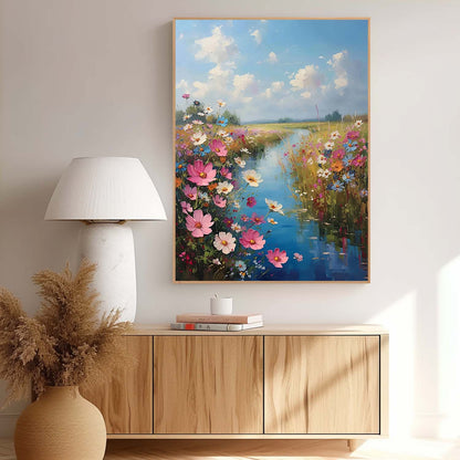 Vibrant Floral Landscape Oil Painting with Serene River and Blue Sky Art