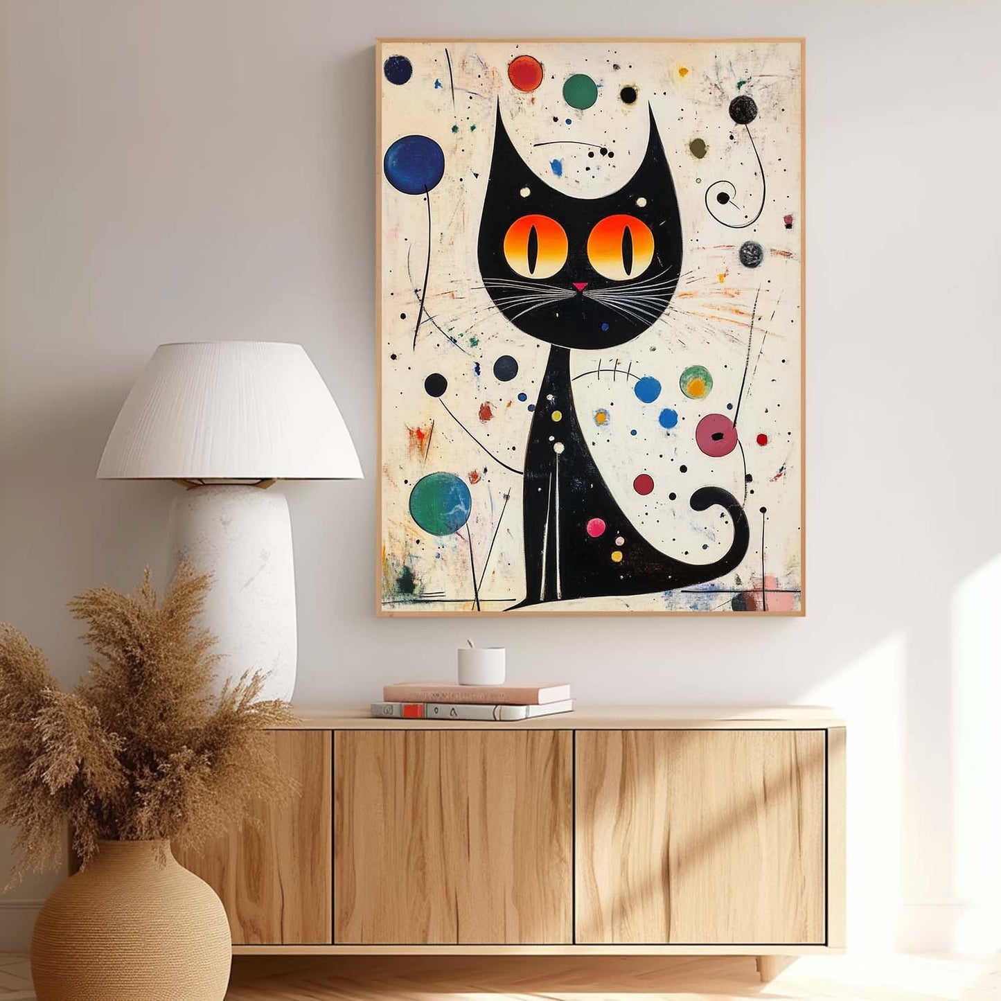 Whimsical Black Cat Oil Painting with Vibrant Colors and Abstract Elements