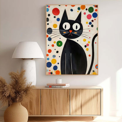 Whimsical Black Cat Oil Painting with Colorful Abstract Background